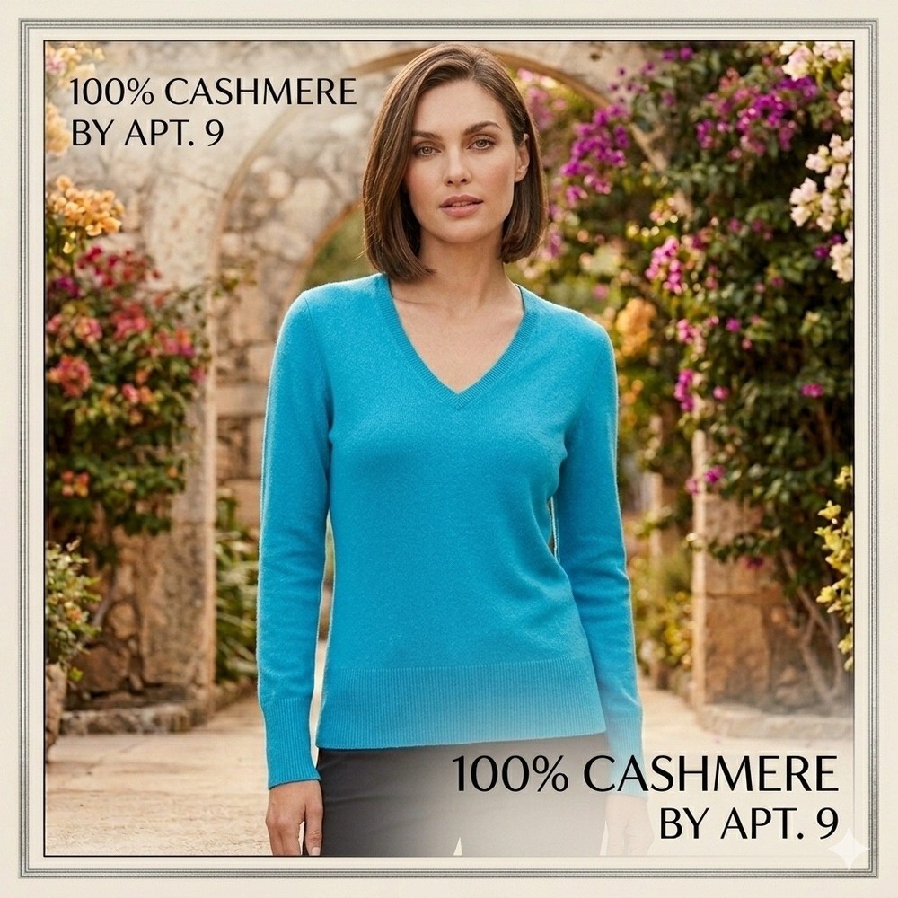 Apt. 9 Womens 100% Cashmere V-Neck Sweater Turquoise Blue Size Small RN73277